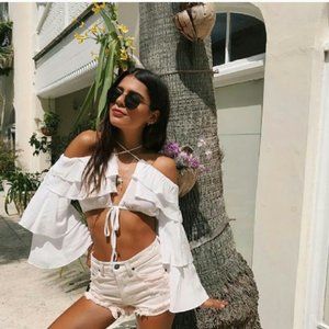 LF brand white tier ruffle cold shoulder top